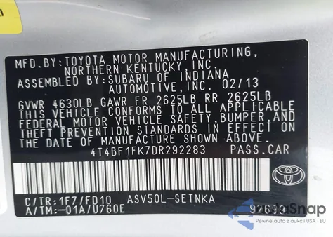 2013 Toyota Camry Le from USA, damaged, VIN 4T4BF1FK7DR292283